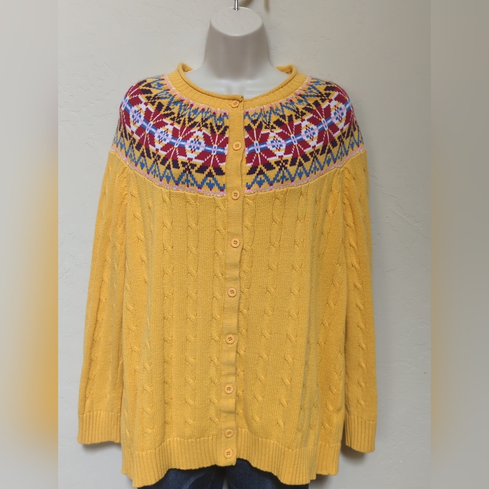 Woman Within Cardigan Sz L Cotton Long Sleeve Button Up Knit Gold